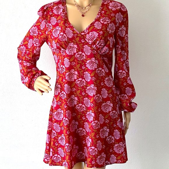 RedFloral Babydoll Minidress | NASTY GAL | Long Sleeve Fall Dress | Size 8 Dress - Picture 2 of 10